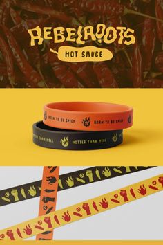 three different types of rubber bands with the words hot sauce on them