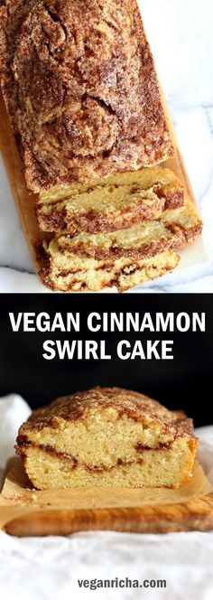 vegan cinnamon swirl cake on a cutting board with the words vegan cinnamon swirl cake