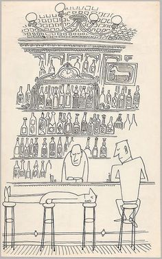 a drawing of two people sitting at a bar with bottles on the wall behind them