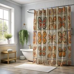 a bathroom with a bathtub, sink and shower curtain in front of a window