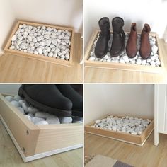 four different shots of shoes and rocks in a shoe box on the floor, along with a rug