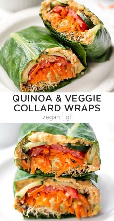 an image of some food wrapped in leafy wrappers on a plate with the words quinoa and veggie collard wraps