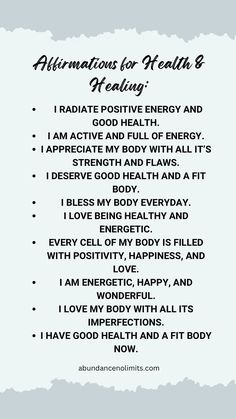 a poem written in black and white with the words, affirmations for health's