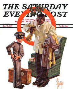 an advertisement for the saturday evening post featuring two men dressed in uniforms and holding luggage