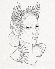 a drawing of a woman with wings on her head