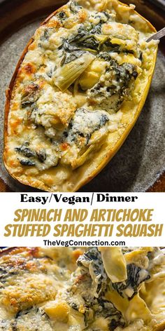 spinach and artichoke stuffed spaghetti squash on a plate with a serving spoon