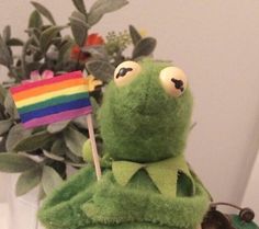 a stuffed animal holding a rainbow flag next to a potted plant with leaves on it