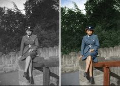 two women in uniforms are sitting on a fence and one is wearing a hat with her legs crossed