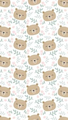 a pattern with teddy bears and leaves on the background is shown in pastel colors