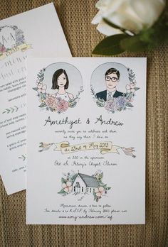 two wedding cards with flowers on them and the words, 10 beautiful hand - illustrated wedding invitations