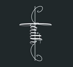 a white line drawing of a cross on a black background with the word faith written below it