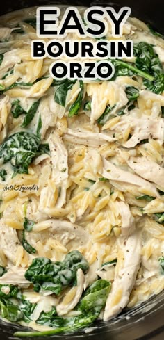 a pot of orzo pasta with text overlay that reads easy boursin orzo Corn Orzo Boursin, Orzo Baked Chicken, Boursin Chicken And Orzo, Chicken And Pasta Healthy, Boursin Pesto Orzo, Chicken Sausage With Orzo Boursin, Chicken Orzo Bake One Pot, Boursin Cheese Crockpot, Chicken Sausage Orzo Boursin