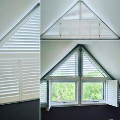 three pictures of the inside of a house with white shutters and windows in it