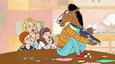 a cartoon horse standing on top of a wooden table next to two women and a child