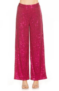 Sparkling sequins bring dazzling allure to a pair of stretch pants that are elevated by a wide leg and mid rise. Banded waist Invisible back zipper 90% polyester, 10% spandex; lining content: 100% polyester Hand wash cold, lay flat to dry Imported Model stats: 5'10", 32" bust, 25" waist, 36" hip. Model is wearing size X-Small. Sequin Pants, Stretch Pants, In Hot, Denim Jeans, Hot Pink, Wide Leg, Nordstrom, Bring It On, Pants