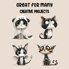 four different types of cats with the words great for many creative projects