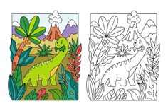 two coloring pages with dinosaurs and plants in the middle one is green, the other is red