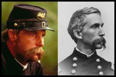 an old photo of a man in uniform next to a portrait of a man with a beard