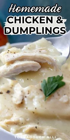 homemade chicken and dumplings in a white bowl