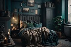 a bedroom with dark green walls and pictures on the wall, along with a bed covered in blankets