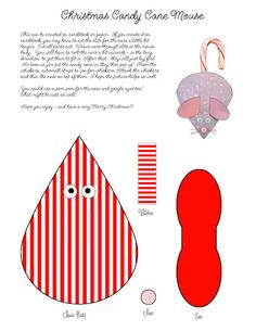 an origami christmas candy cane mouse cut out from paper with eyes, nose and mouth