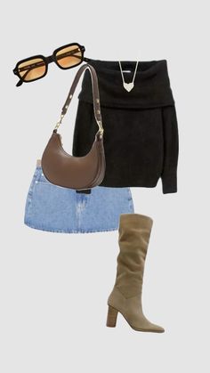 a skirt, sweater and boots are arranged in the shape of a woman's purse