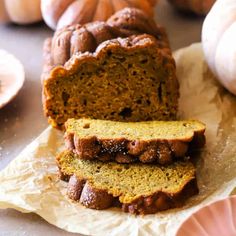 two slices of pumpkin bread sitting on top of parchment paper