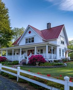 a white house with red roof and flowers in the front yard