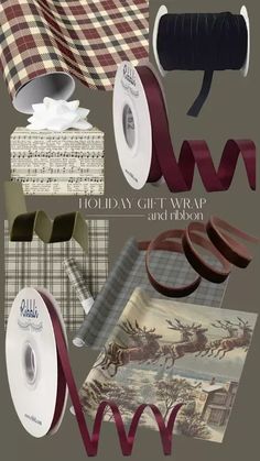 several different types of christmas wrappings and ribbons are shown in this collage with text that reads holiday gift wrap and ribbon