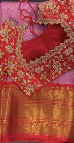 Pink And Red Pattu Saree, Lotus Maggam Work Designs, Red Bridal Blouse Designs, Magam Work Blouses Latest, Front Blouse Designs, Exclusive Blouse Designs, Basic Blouse Designs, Pink Blouse Designs, Maggam Blouses