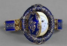 Queen Maria II of Portugal Bracelet with Watch. Made in France, 1st half of 19th Century in gold, diamonds, enamel and metal. After Maria II, was used by the Queen Maria Pia of Portugal Bracelet With Watch, Antique Ideas, Diamonds Bracelet, Historical Jewellery, Royal Jewels