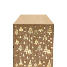 a brown box with gold christmas trees on it