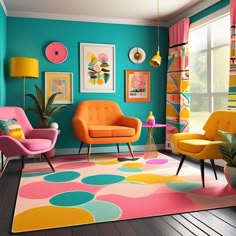 a living room filled with colorful furniture and decor