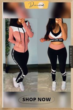 Women Fashion Sports Suits Running Wear Gym Clothes Vest Top / Pants/ Coat 3pcs Set Trendy Long Sleeve Sets For Sports, Fitted Cotton Athleisure Sets, Trendy Long Sleeve Sports Sets, Fitted Cotton Tracksuit For Workout, Trendy Stretch Sports Sets, Trendy Sports Sets For Spring, Athleisure Letter Print Sets For Sports, Casual Fitted 3-piece Set, Leisure Cotton Fitted Sets