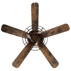 an old wooden fan with four blades on it's blade ends and three light bulbs in the center