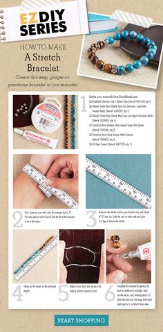 the instructions for how to make a stretch bracelet with beads and measuring tape on it