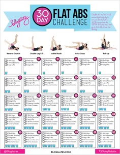 the 30 day flat abs challenge is shown in this poster, which includes exercises to help you