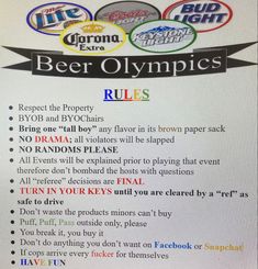 Beer 
Adult
Field Day
Olympics Beer Olympics Photo Backdrop, Bachelorette Field Day, Team Drinking Games Party Ideas, Beer Olympics Rules, Beer Olympics Decor, Adult Field Day Party, Lake Day Birthday Party, Beer Games Party, Beer Olympics Games Ideas