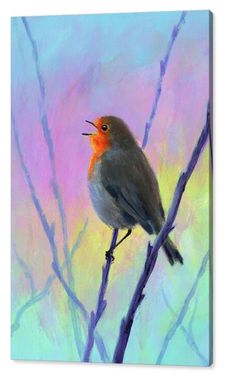 a painting of a bird sitting on top of a tree branch