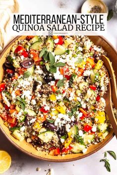 mediterranean style quinoa salad recipe in a wooden bowl