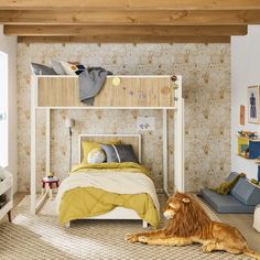 a dog laying on the floor in front of a bed with a ladder over it