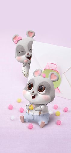 two little mouses sitting next to an envelope and some confetti on a pink surface