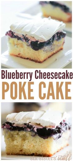 blueberry cheesecake poke cake on a white plate