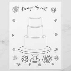 a wedding card with a cake on top and flowers around the edges that says, design the cake