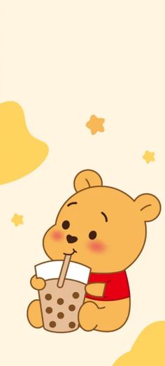 a cartoon bear is holding a drink in its hand and looking at the sky with stars on it