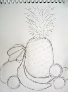 a pencil drawing of a pineapple and apples