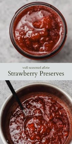 strawberry preserves in a bowl with a spoon on the side and an image of strawberries