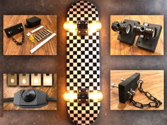 a skateboard with some lights on top of it and other items laying around the board