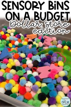 a plastic bin filled with pom poms and the words, how to make a sensory bins on a budget