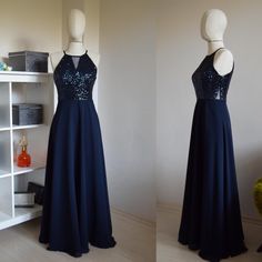 two pictures of a dress on display in front of a white wall and one is wearing a dark blue gown with sequins